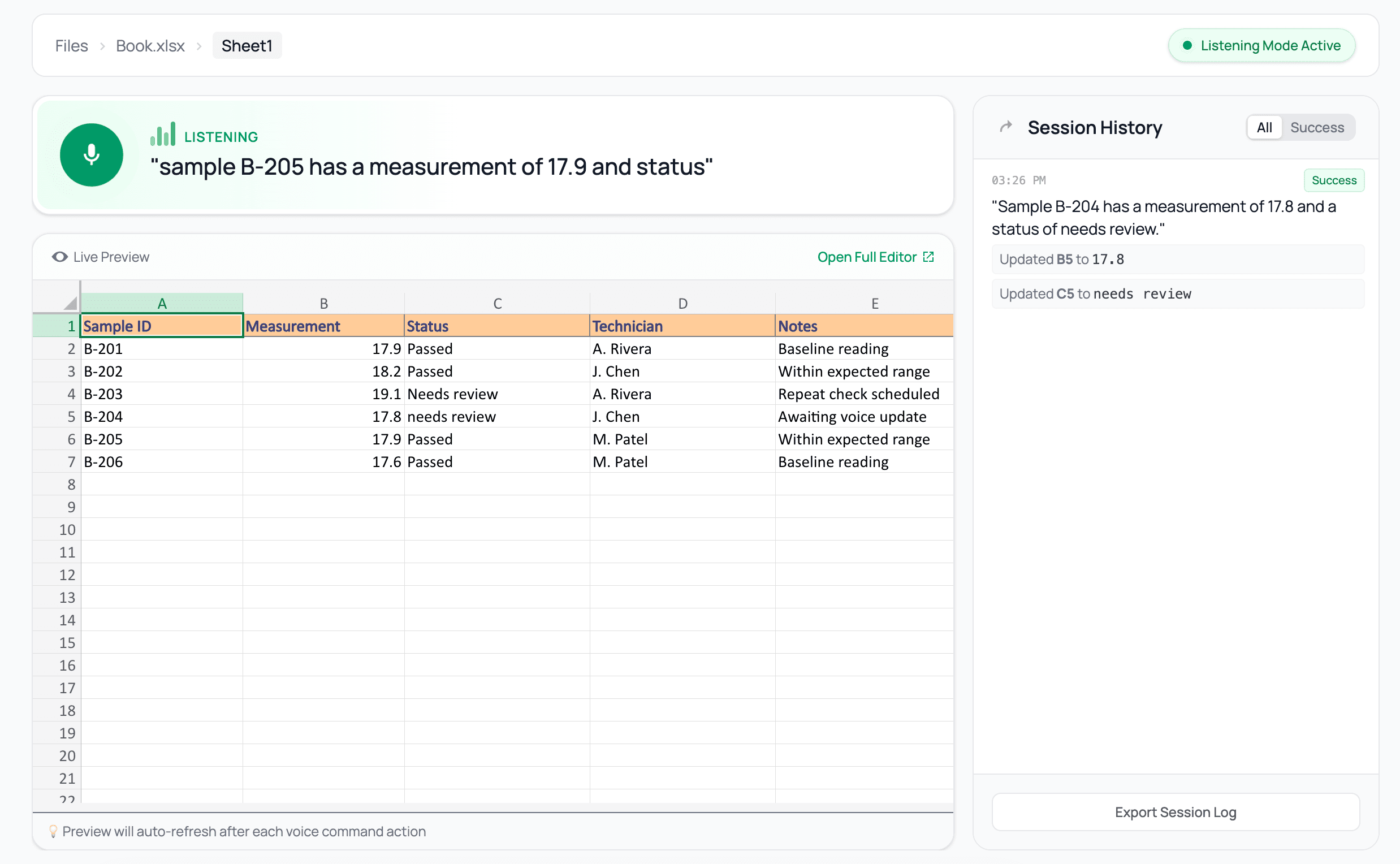Lucy interface showing an Excel sample sheet, a live voice transcript, and successful measurement and status updates in session history